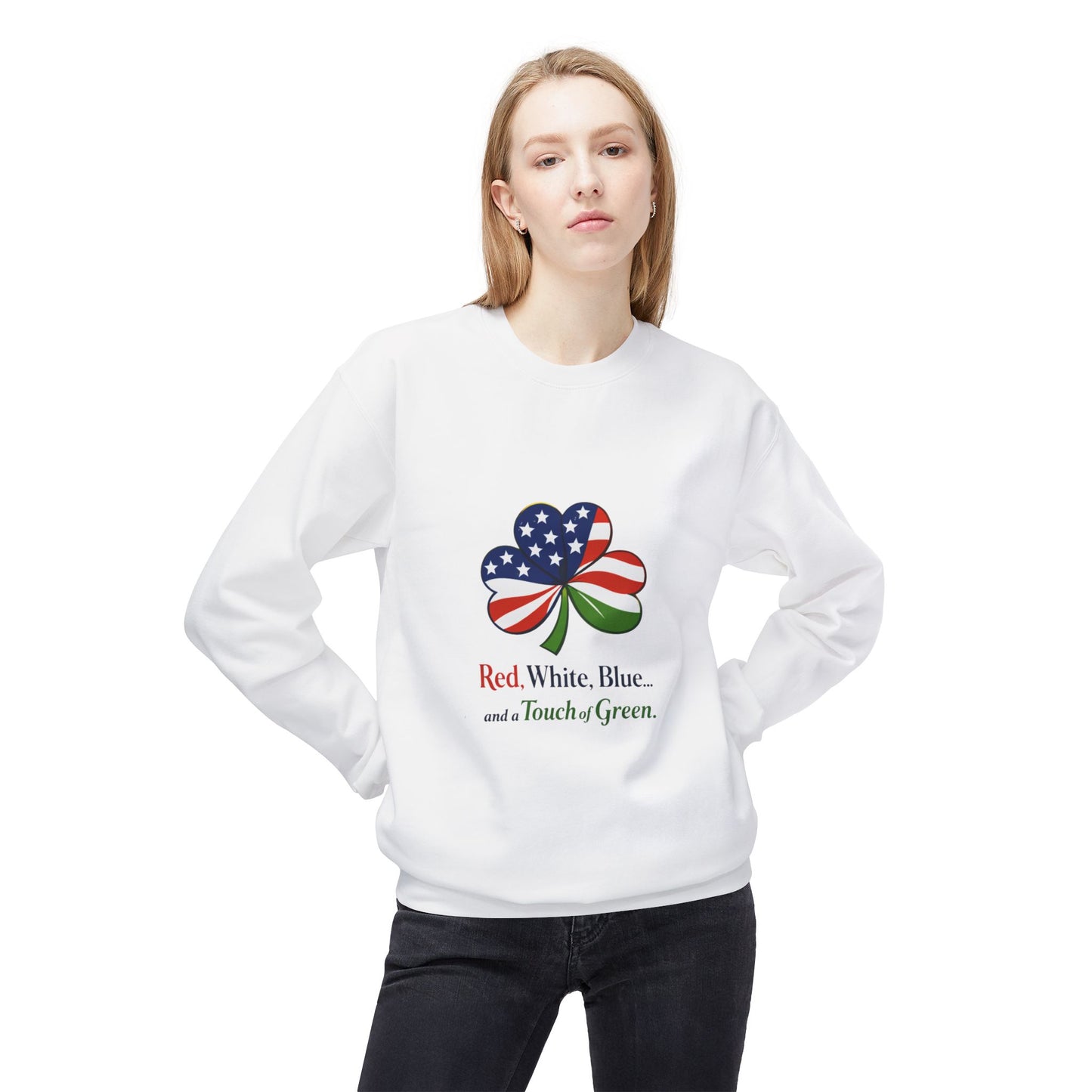 Red, White, Blue shamrock with green accent Sweatshirt | American Irish St. Patrick's Day