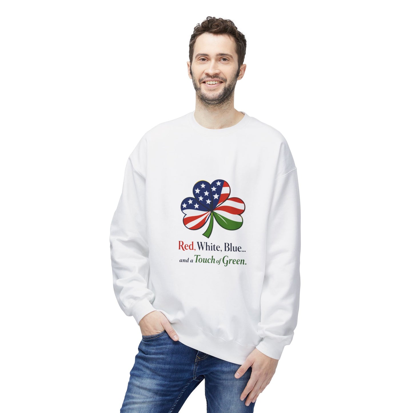 Red, White, Blue shamrock with green accent Sweatshirt | American Irish St. Patrick's Day