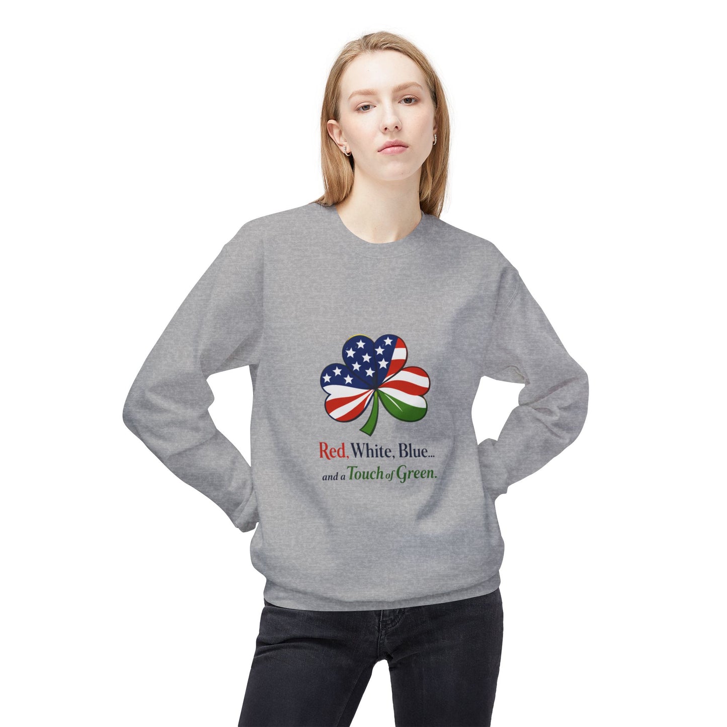 Red, White, Blue shamrock with green accent Sweatshirt | American Irish St. Patrick's Day
