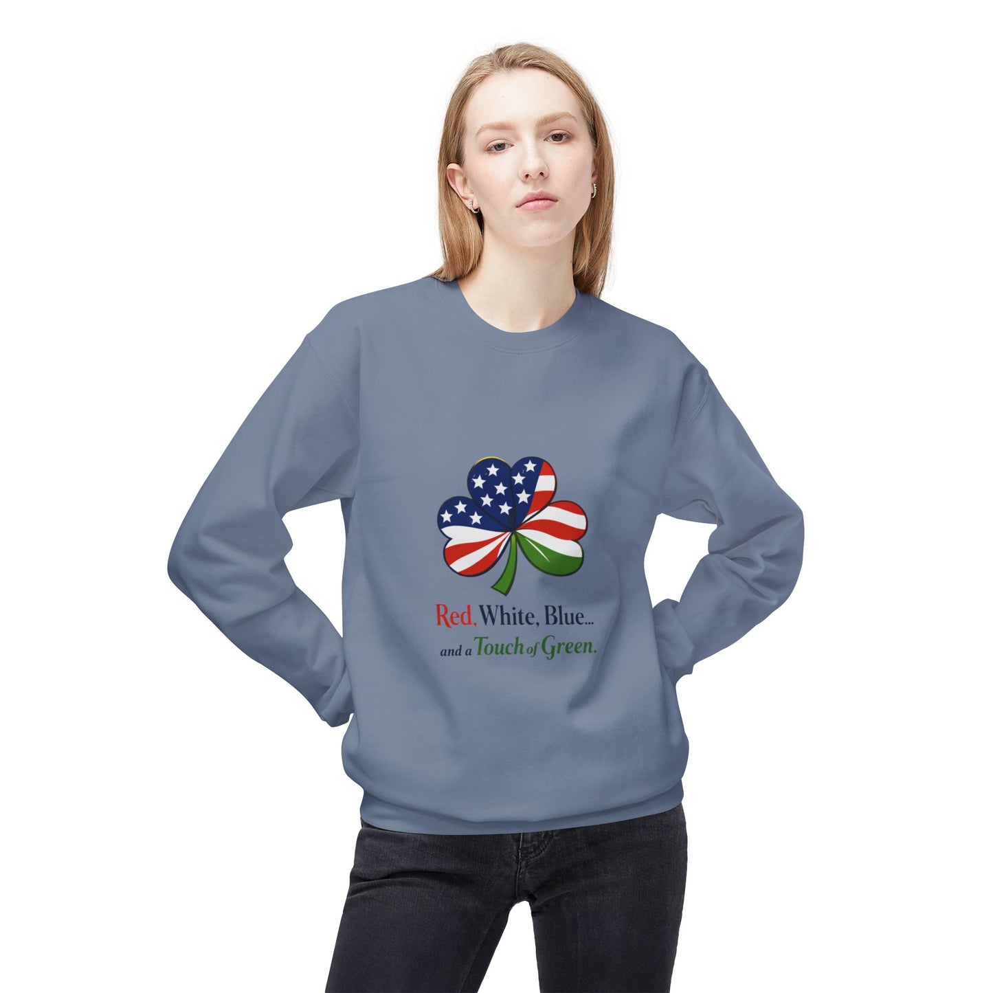 Red, White, Blue shamrock with green accent Sweatshirt | American Irish St. Patrick's Day