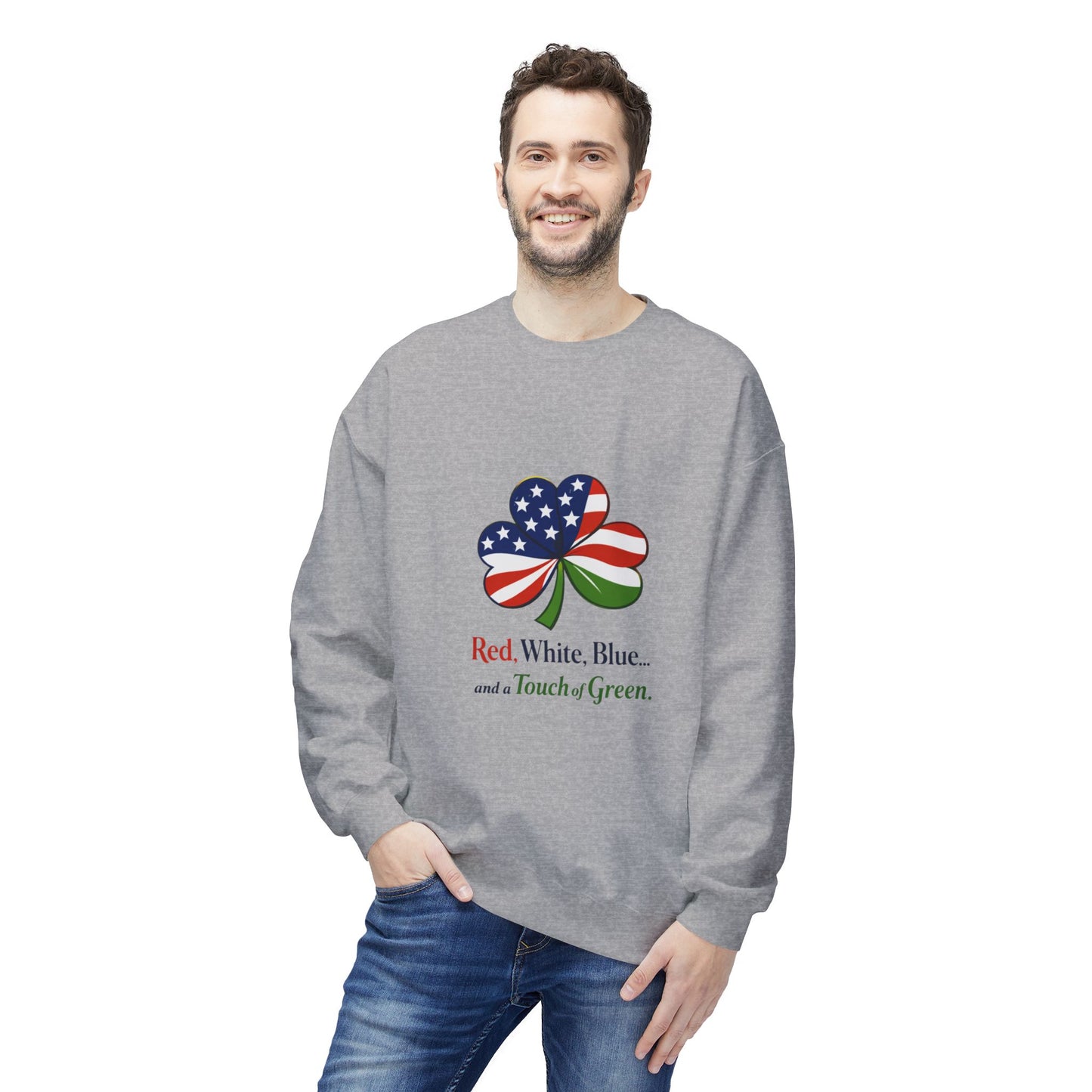 Red, White, Blue shamrock with green accent Sweatshirt | American Irish St. Patrick's Day