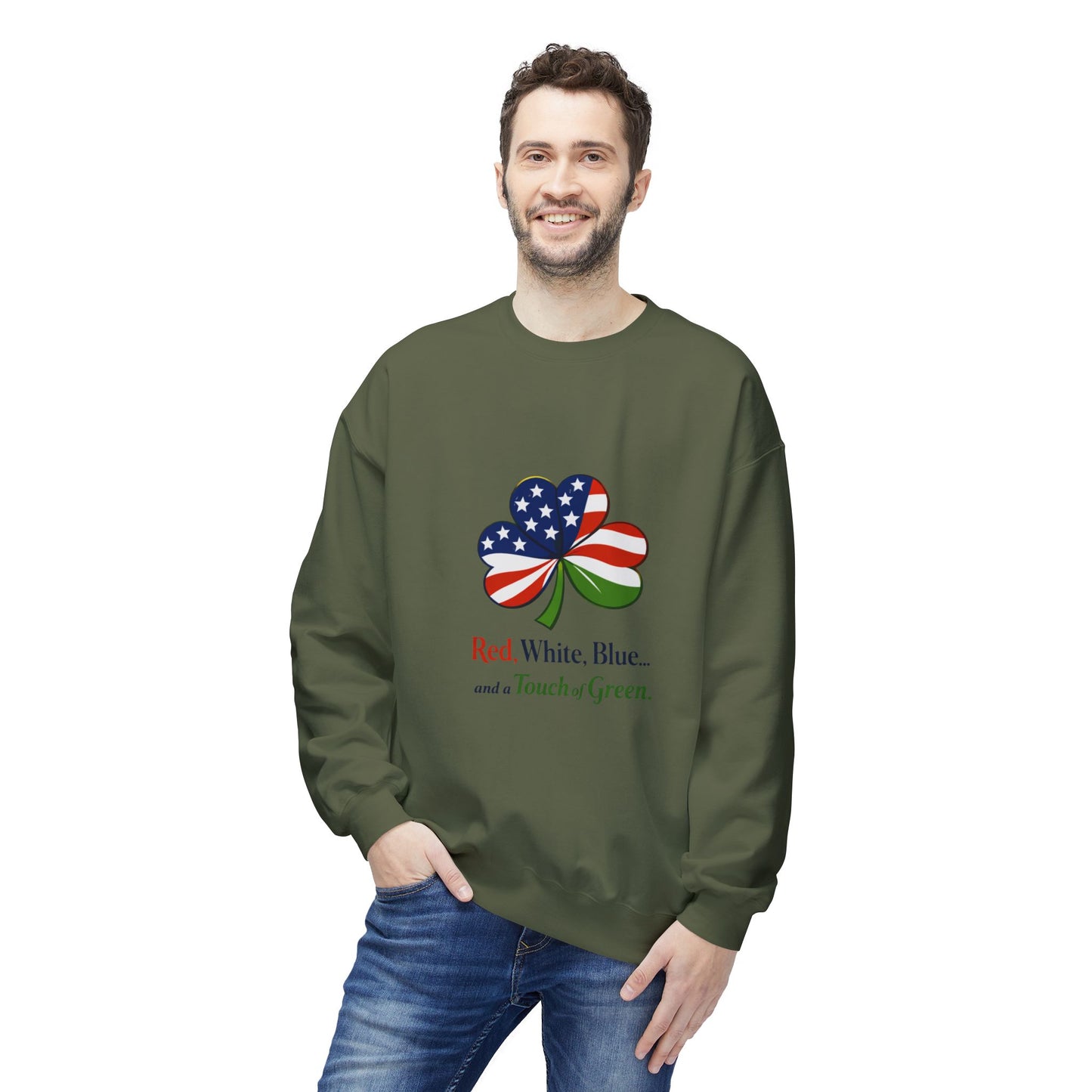 Red, White, Blue shamrock with green accent Sweatshirt | American Irish St. Patrick's Day