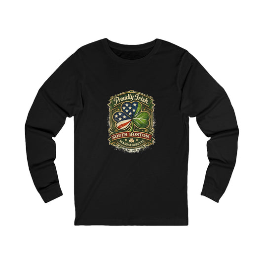 Proudly Irish Shield with American Flag Long Sleeve Tee | South Boston Clover Design