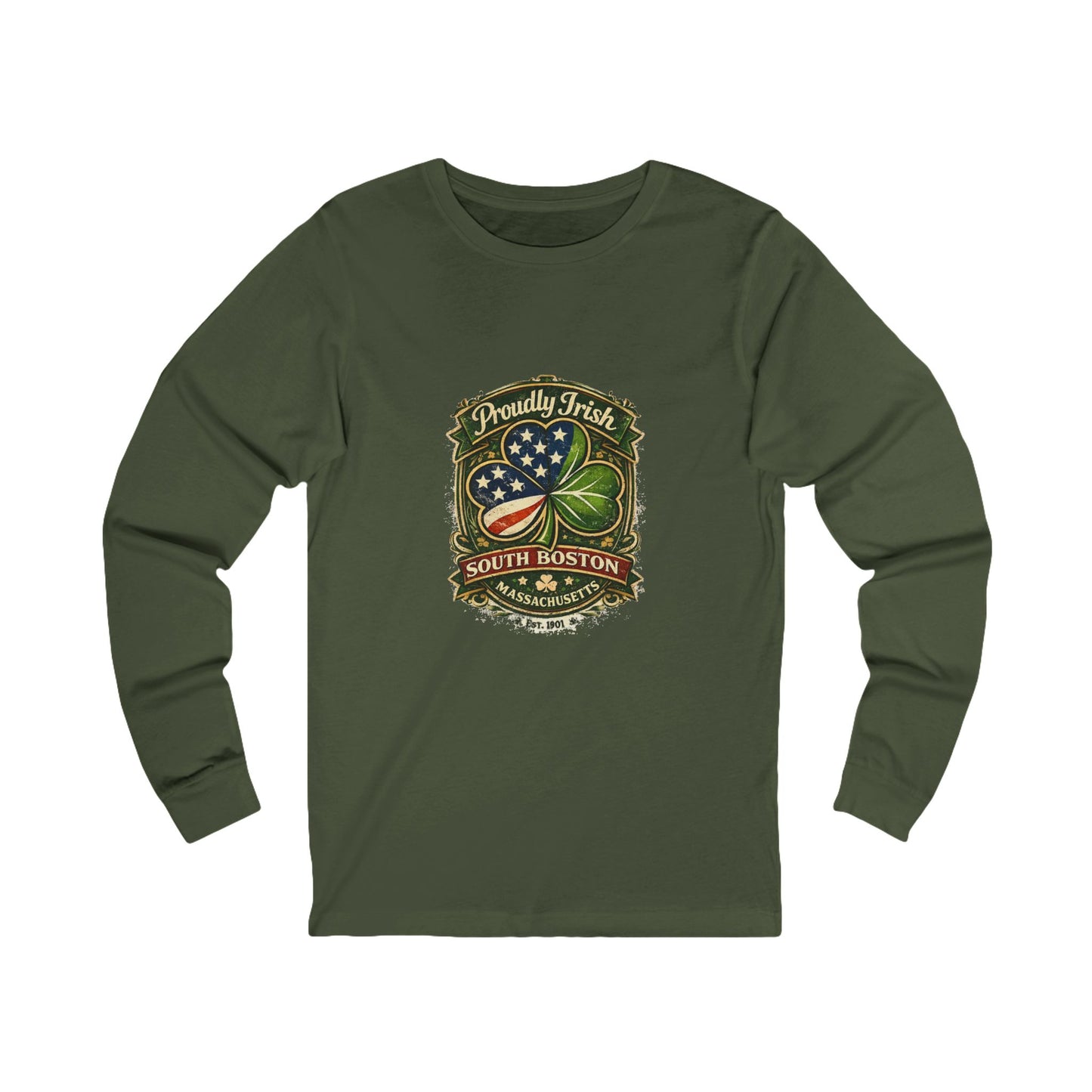 Proudly Irish Shield with American Flag Long Sleeve Tee | South Boston Clover Design