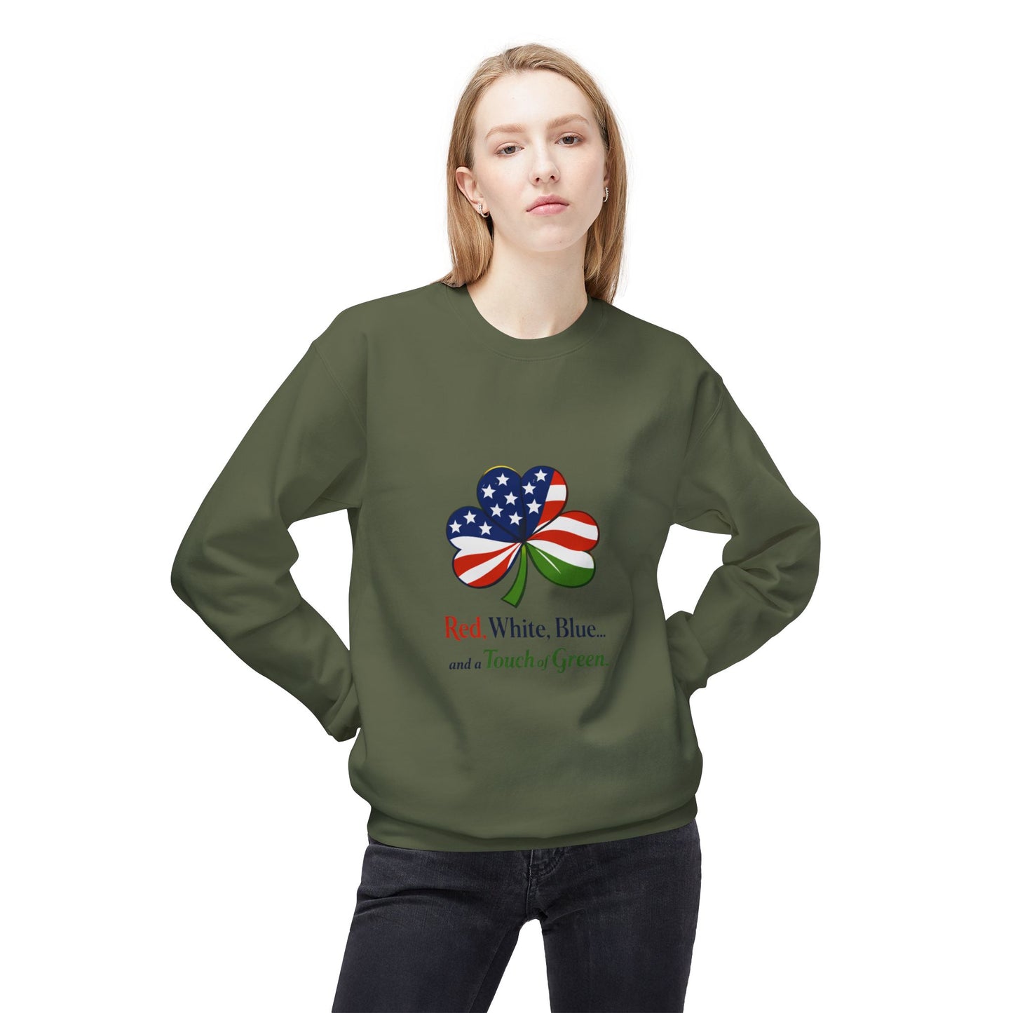 Red, White, Blue shamrock with green accent Sweatshirt | American Irish St. Patrick's Day