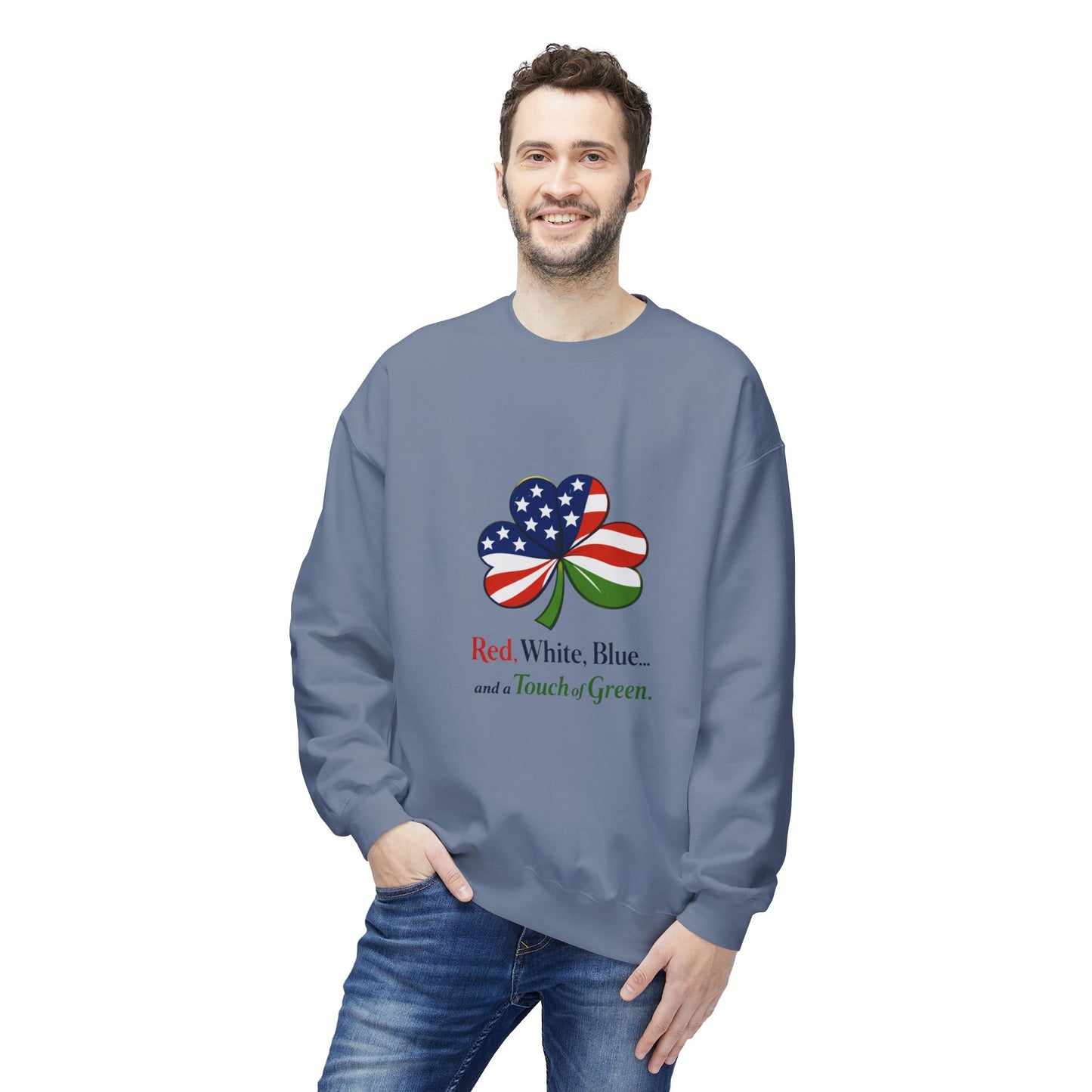 Red, White, Blue shamrock with green accent Sweatshirt | American Irish St. Patrick's Day